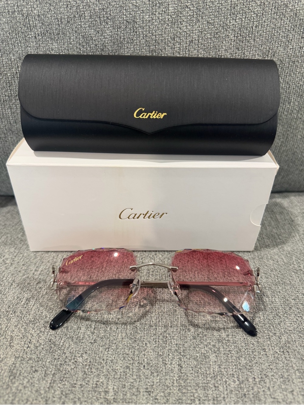 Cartier Rimless Sunglasses with Red Gradient Lenses and Black Case